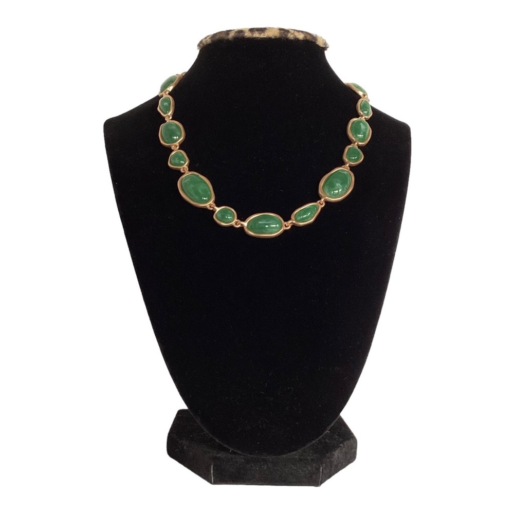 Southern Living Necklace 16 Inch Green Resin Cab Links Brushed Gold Tone